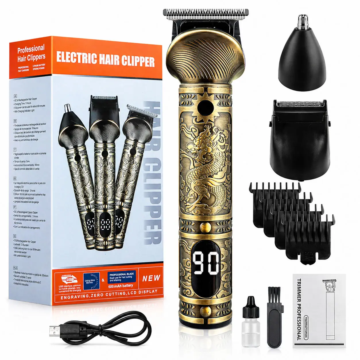 Vintage Dragon T9 Men's Hair Trimmer Kit - Professional 0-Gap Barber Clipper with LCD Display, Adjustable Speed,Cordless Rechargeable Long-Lasting Grooming Set for Beard, Hairline