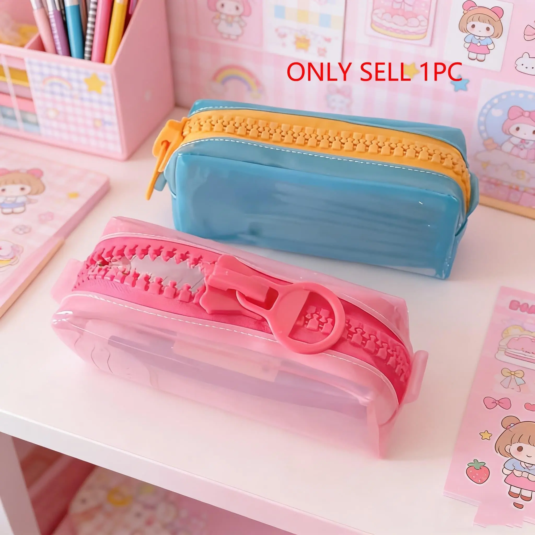 Jelly-Like Stationery Makeup Bag, Simple Solid Color Durable Storage Bag, Standing Not Collapsible, Large Capacity Student Daily Essentials Box, Back-To-School Gift, Large Zipper Pen Case, Pencil Bag, School Supplies