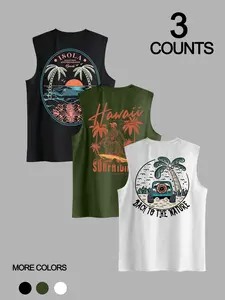 Men's 3-Piece Set with Coconut Tree Print Round Neck Sleeveless T-Shirt, Casual Comfortable Top, Summer Outdoor Fitness Wear