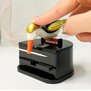 Charming Woodpecker Automatic Toothpick Dispenser, Easy Press and Pop-Out, Durable Abs Resin, Base, and Gold Bird Design, Durable Storage Organizer