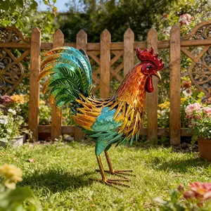 Metal Rooster Statue, Colorful Rooster Sculpture, Outdoor Garden Decor, Farmhouse Rustic Ornament, All-Season Home Garden Decoration