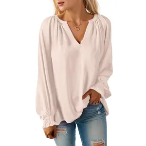Womens Blouses Dressy Casual Fashion Smocked Long Lantern Sleeve V Neck Chiffon Shirts Tops Fall Outfits Clothes