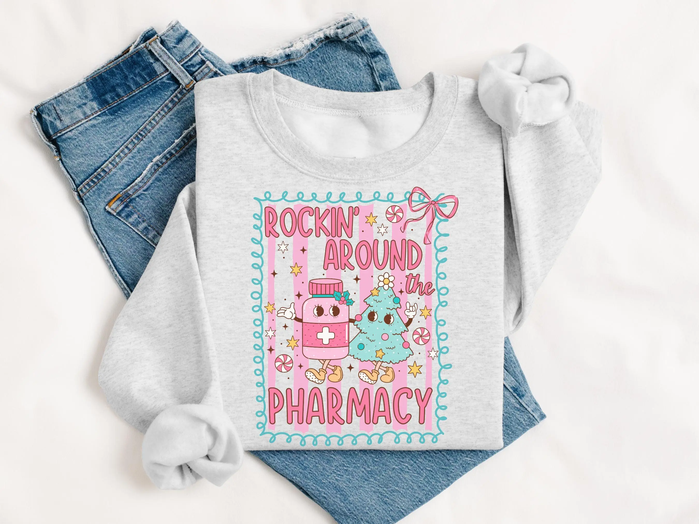 Pharmacy Tech T-Shirt Or Sweatshirt, Pharmacy Technician Pharmacy XMAS tee shirt For Pharmacist , Pharmacy Healthcare T-Shirt Cotton Fabric Grey