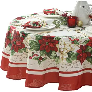 Christmas Presley Red and White Poinsettia Double Bordered 70 inch Round Fabric Tablecloth, Holiday Cottage Floral Border Print Table Cover for Dining Party