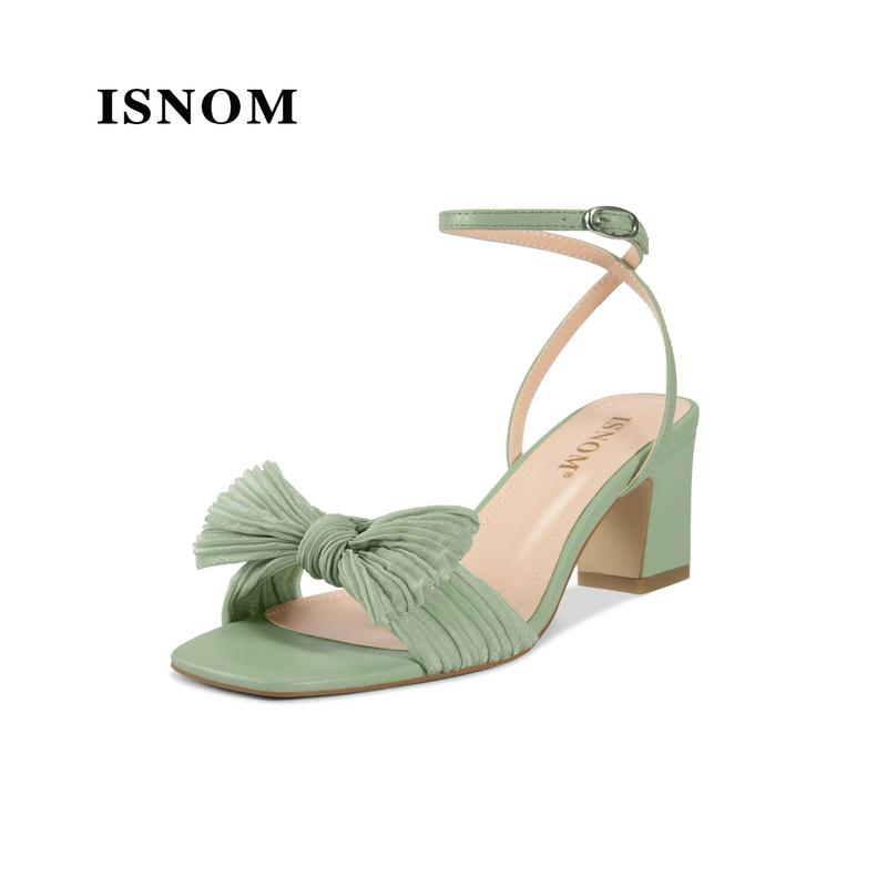 ISNOM Women's Breathable Bowknot Heels - Open Toe Ankle Adjustable Strap Footwear, Chunky Block Heeled Bow-Tied Ruffled Upper Sandals for Bride Wedding Wear #WeeklyDeals #TikTokShopFallDealsForYou