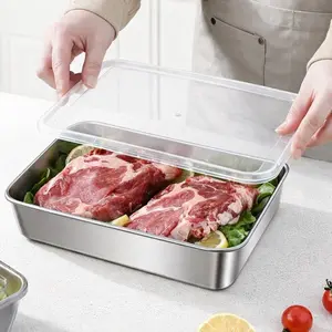 Stainless Steel Refrigerator Storage Containers with Clear Covers, Stackable Food Prep Trays for Cheese, Bacon, Deli Meat, Fruits, Bakery, Snacks and Leftovers, Reusable Metal Food Boxes for Kitchen Cabinet, Freezer, Picnic and BBQ