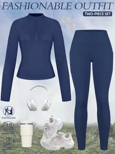 Women's Two-Piece Sportswear Set, Half-Zip Jacket & Mid-Waist Yoga Pants with Pockets, Slim-Fit, Stretch Fabric Activewear, All Seasons, Comfortable Fit, Gym Wear, Stretchable Activewear, Sporty Chic Outfit