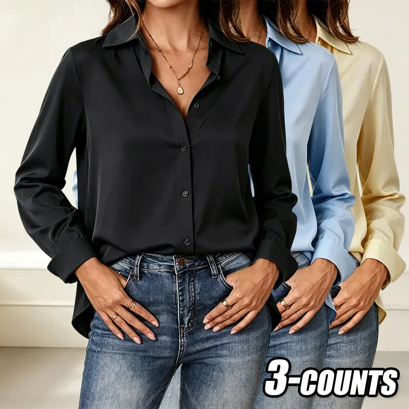 Women’s 3-Pack Minimalist Long-Sleeve Formal Blouse - Classic Button-Front Solid Color Turn-Down Collar Top, Style for Business Casual Outfits, Professional Shirts for Women Office Wear