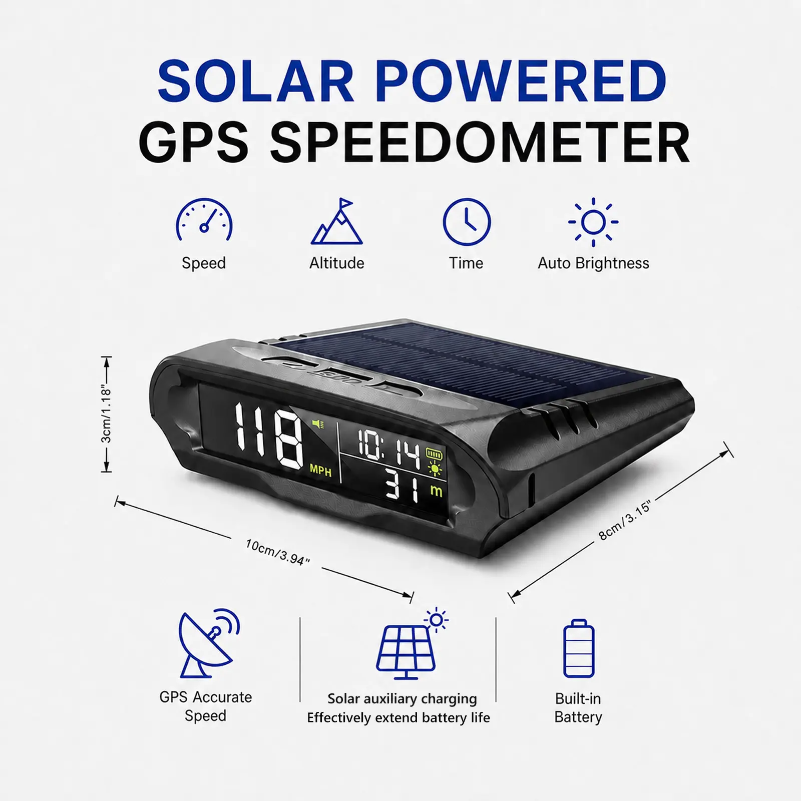 GPS Speedometer MPH Digital Dashboard Display Auto Brightness Altitude Temperature Readout Solar Powered for All Vehicles RV SUV Sedan