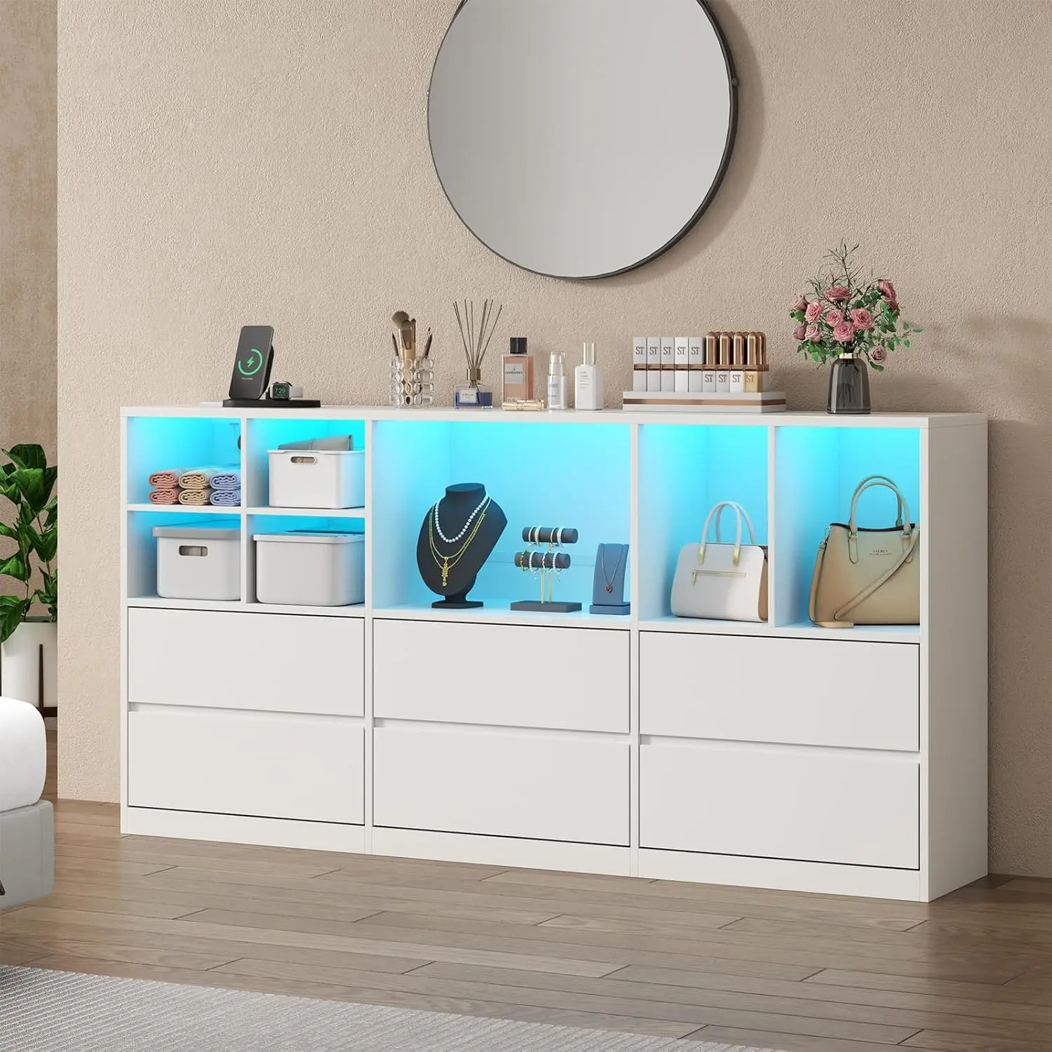 Gyfimoie Dresser for Bedroom with 6 Drawers, Chest of Drawers with Led Lights&Charging Station, Storage Drawers with 7 Open Cubbies cicada  drawer nursery  dresser living room drawer