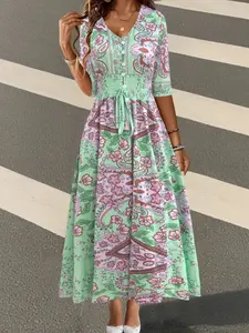 Boho Floral Dress Fit Plus Size, Seven-Quarter Sleeve Elastic Waist Flared Hem, Casual Vacation Daily Wear, Versatile Summer, Bohemian Womenswear, Boho Casual Comfy, Casual Boho Soft