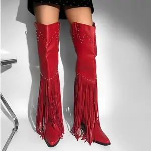 Fringe Cowboy Boots with Studs Detail Knee-High Western Style Boots Faux Leather Block Heel Pointed Toe Trendy Statement Footwear for Party & Casual Wear Eye-Catching Fringe & Studded Design Comfortable Block Heel Bold Women's