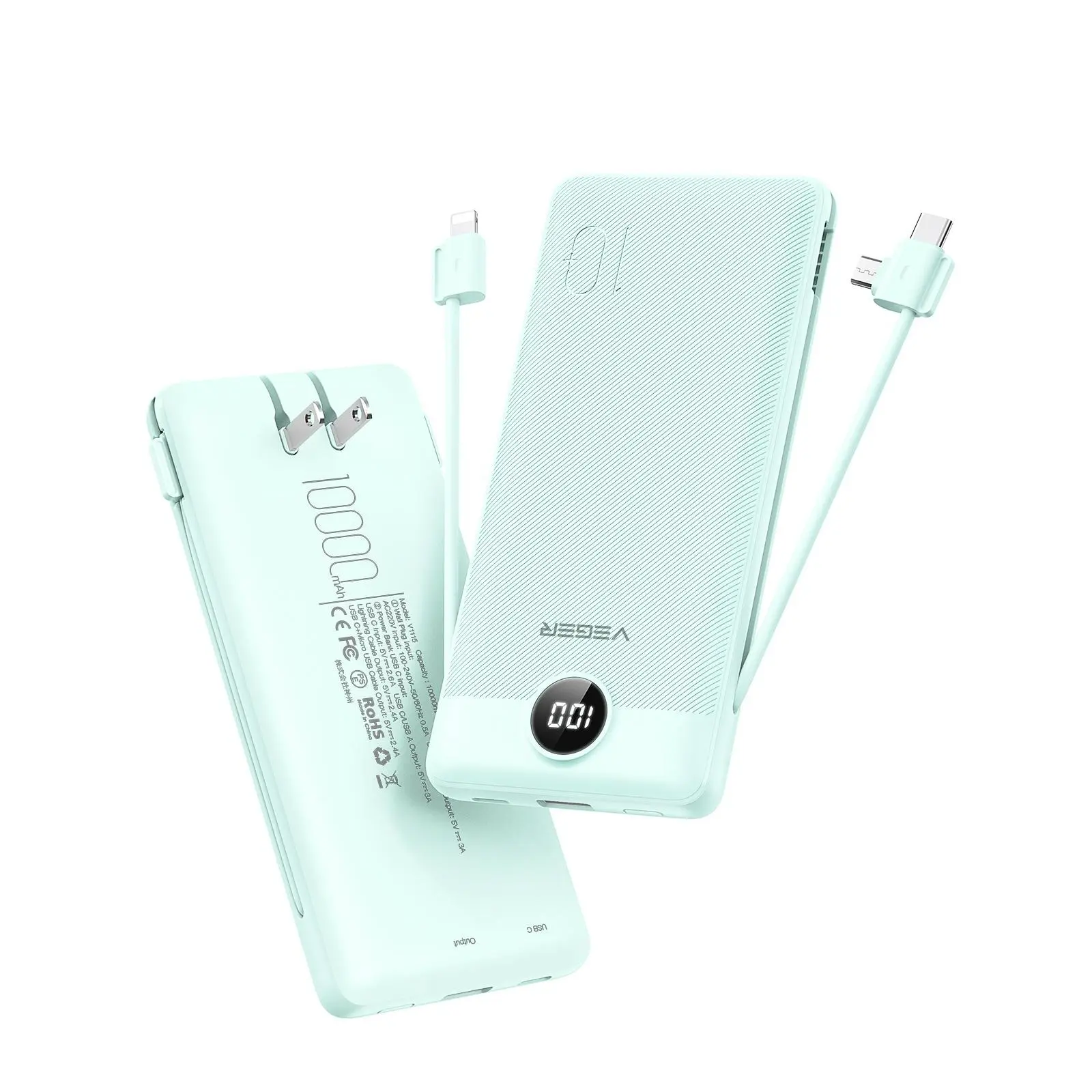 VEGER 10000mAh Ultra Slim All-in-1 Portable Charger Power Bank with Built-in AC Plug & Cables, Fast Charging Emergency Travel Battery Pack, Compatible with iPhone, Samsung, Android, Micro Digital Mobile Devices & Accessories