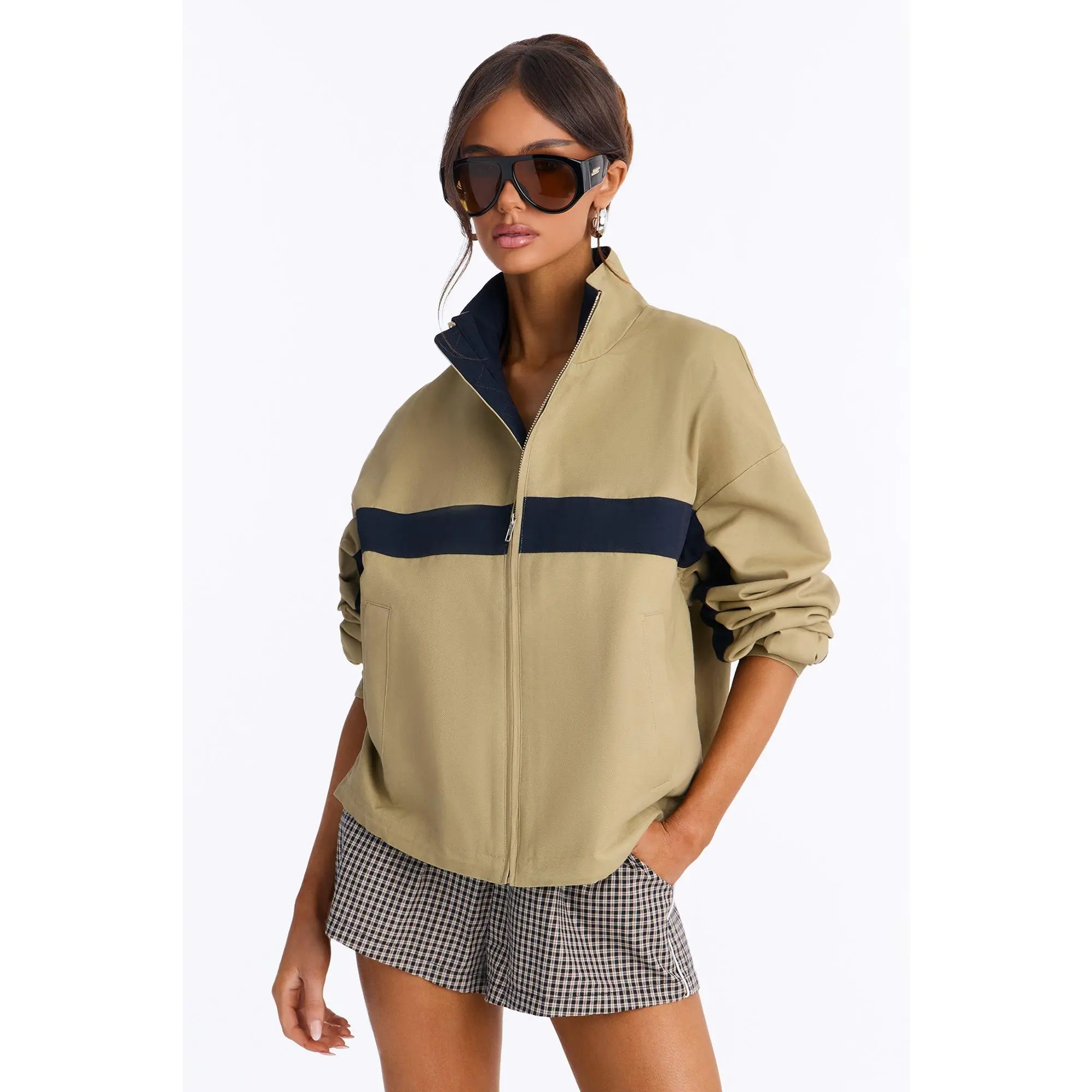 Feeling Fresh Twill Funnel Neck Zip Jacket - Khaki/combo