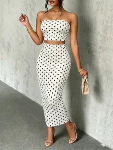 Women's Summer Casual Polka Dots Print Strapless Top and Knee-Length Skirt Set, Two-Piece for Going Out, Fall Fashion Clothing