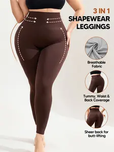 Women's Plus Size Shapewear Leggings, Shaping Leggings, Gym Workout Leggings, High Waisted Tummy Control Compression Pants, Butt Lift Full Length Slimming Tights, High Waist Stretchy, Coffee Color
