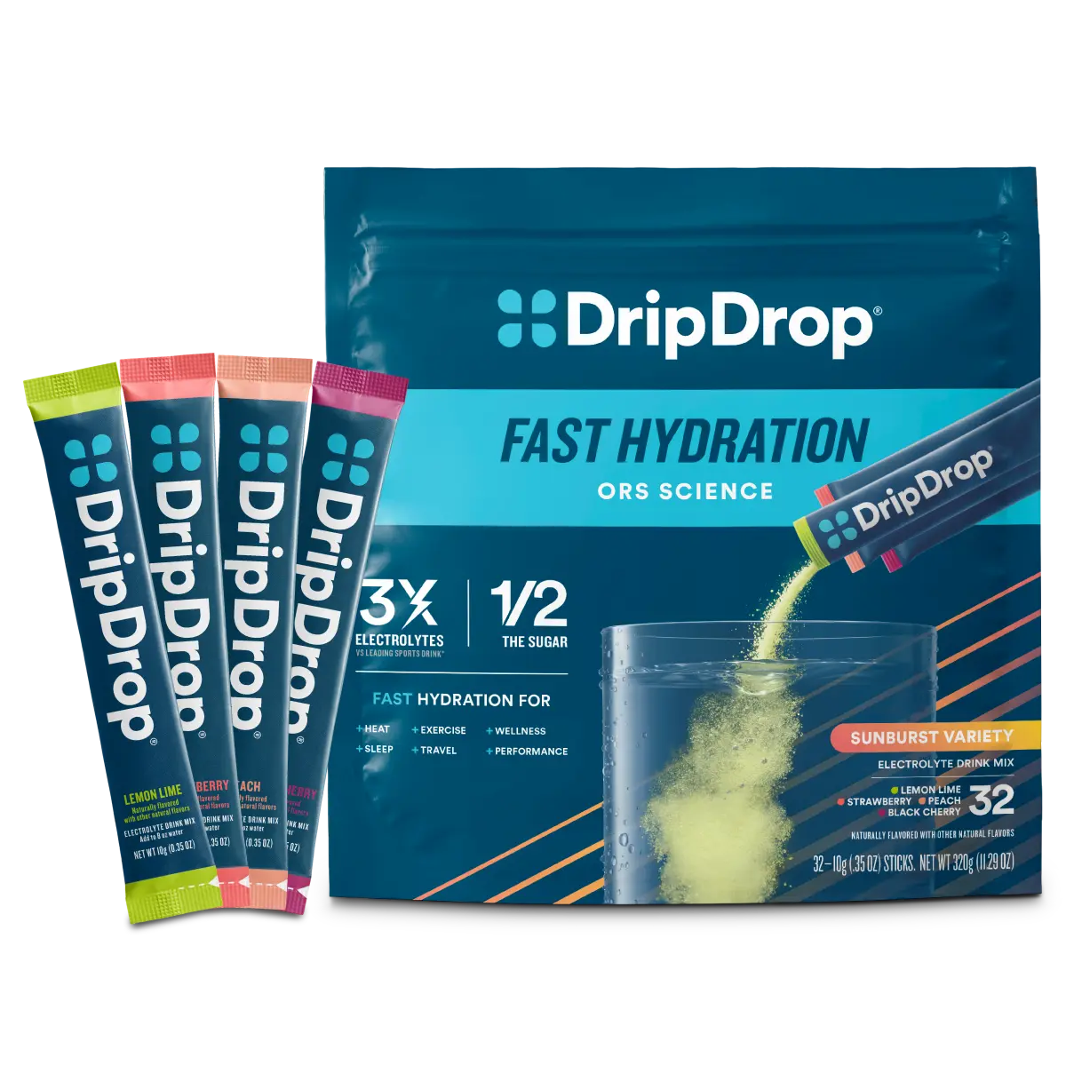 DripDrop Sunburst Variety Pack Electrolyte Powder, 8 oz sticks, 32 count