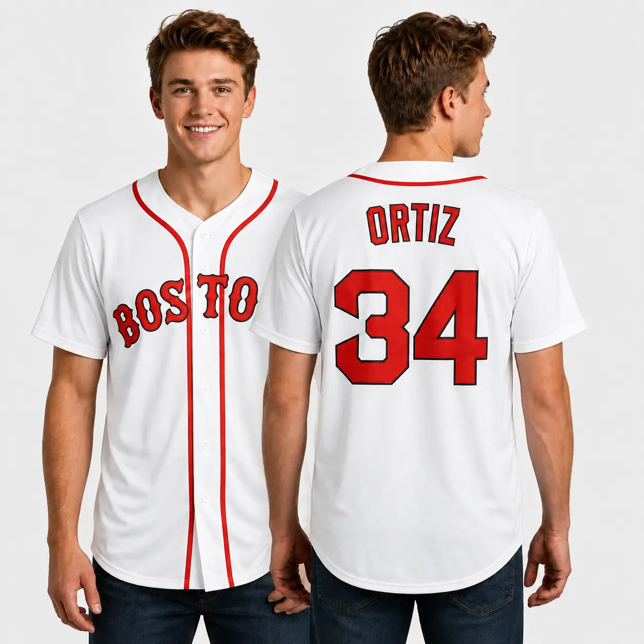 Boston 34 Baseball Jersey – White Red Short Sleeve Button Down Sports Shirt, Ortiz 34 Vintage Inspired Jersey, Unisex Game Day Fan Apparel
