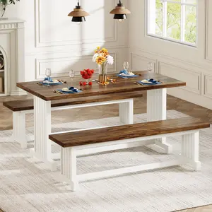 Tribesigns 47" Dining Table Set for 4 - 3-Piece Kitchen Furniture with Benches, Home and Living Room Use, White & Rustic Brown
