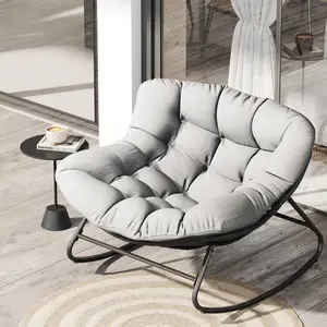 Outdoor Rocking Chair, Oversized Wicker Lounge Chair with Cushion and Metal Frame, Patio Rattan Egg Rocker for Balcony Backyard Porch Bedroom