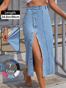 OBlue Jeans Women's  Button Front Light Wash Denim Split Hem Skirt, Casual Fashion Fitted Skirt for Daily Wear, Ladies Bottoms for All Seasons, T-Chic