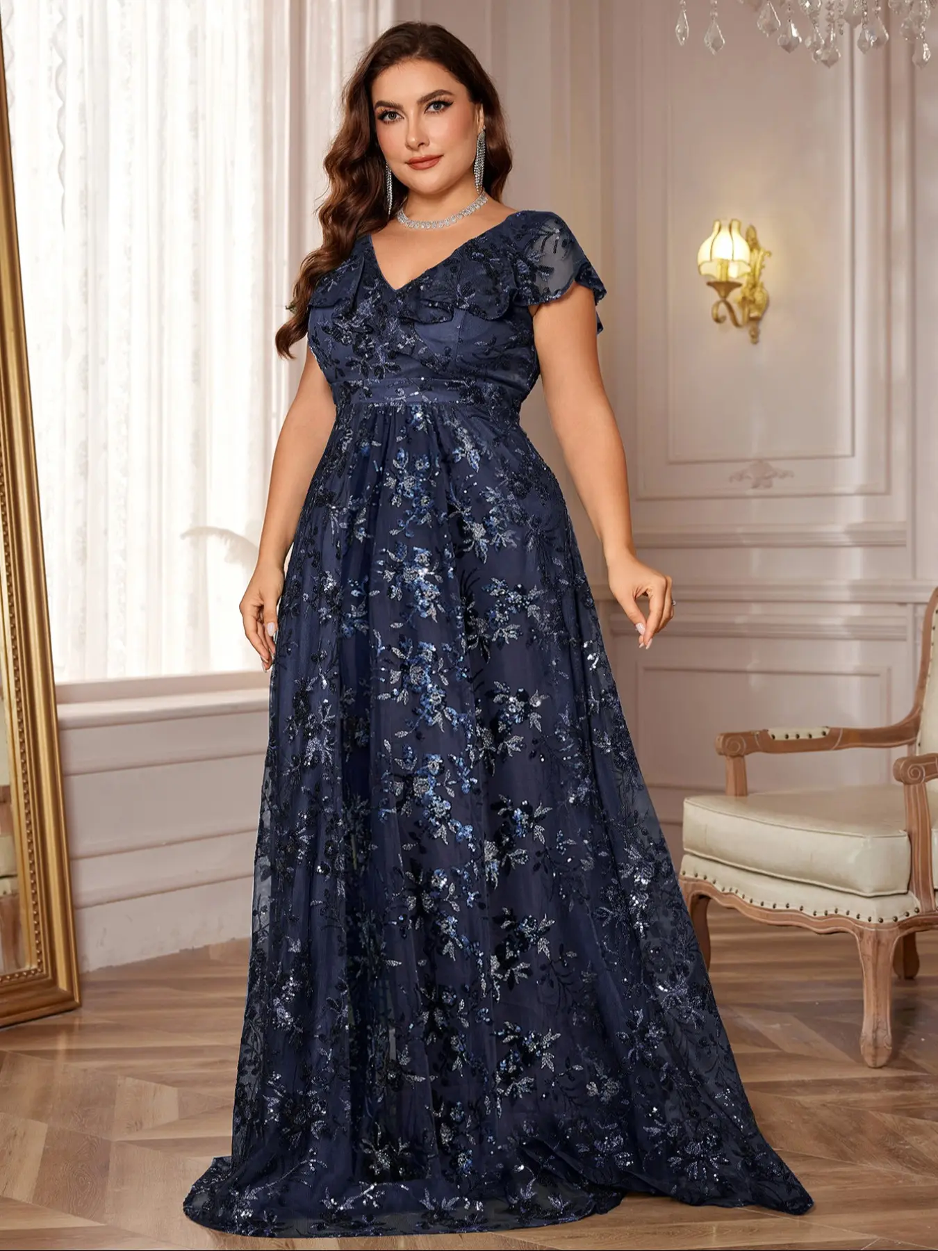 [Plus Size] Floral V Neck Dress, Elegant Chic Feminine Formal Dress Fit, Women's Summer Clothes for Party Holiday, Formal Wear