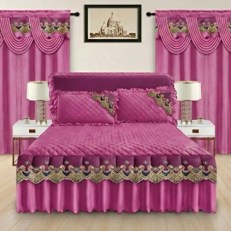 5 Pieces Bedroom Set New Sheet pink  Bedding Set with Matching Curtains for Cozy Home Decor