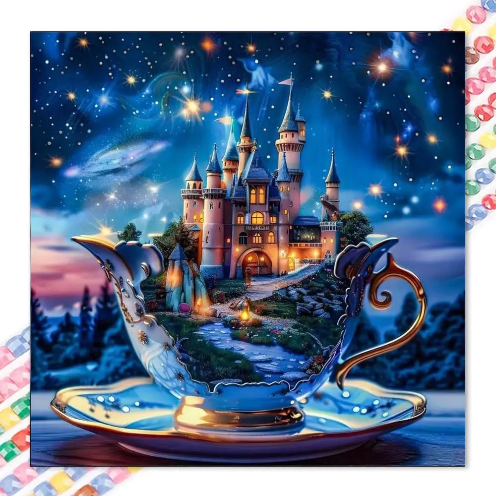1 DIY diamond painting set, 5D diamond art set, DIY decoration, castle, teacup, starry sky diamond painting set with full round diamonds, mosaic, diamond art, DIY art home decor, suitable for Christmas, Diamond Pattern Design