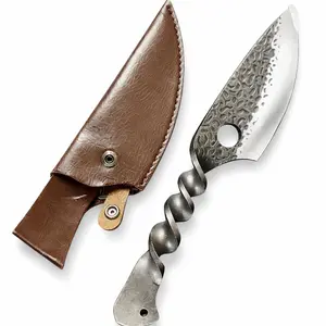 Twisted Handle Chef Knife,Unique Gift Knife,Leather Sheath,12.2IN Overall,Finger Hole Chef Knife