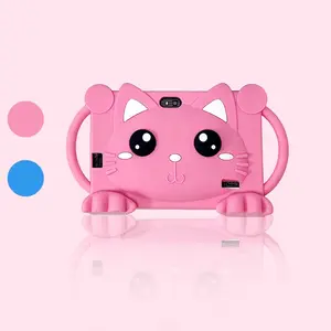 7 Inch Learning Touchscreen Tablet Stand Cat Design, WiFi Android System, Dual Cameras, Eye-Caring HD Screen, Blue Silicone Cases, Ideal for Study and Games, Android Tablet Computer