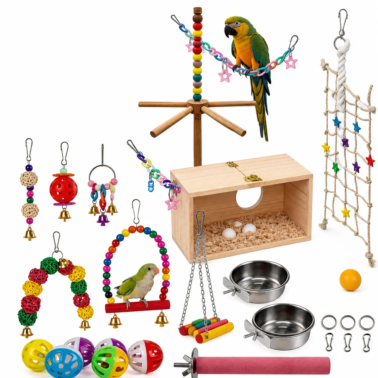 18-Piece Small Bird Cage Starter Kit - Accessory Set with Birdhouse, Perch for Climbing, Feeding + Perch Set, Stress Relief Toys, Easy to Install for Small Birds to Create Enriched Cage Environment