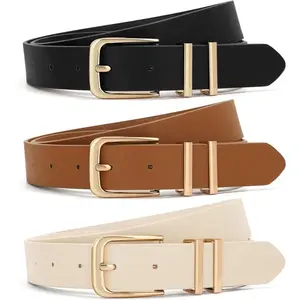 3 Pack Women Leather Waist Belts, Trendy Gold Square Buckle Design, Versatile Casual Ladies Belts in Black Brown Beige, Perfect for Jeans Pants Dresses, Daily Work Party Fashion Accessory Gifts for Women