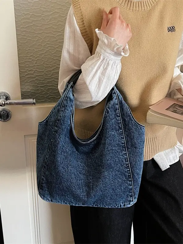 Women's Vintage Washed Denim Hobo Tote Bag - High-Capacity Plain PU Leather Handbag for Women with Padded Smooth Top Handle, Slouchy Silhouette, Zipper, Charcoal/Dark Blue Everyday Bag for School Commute, Minimalist Outfits