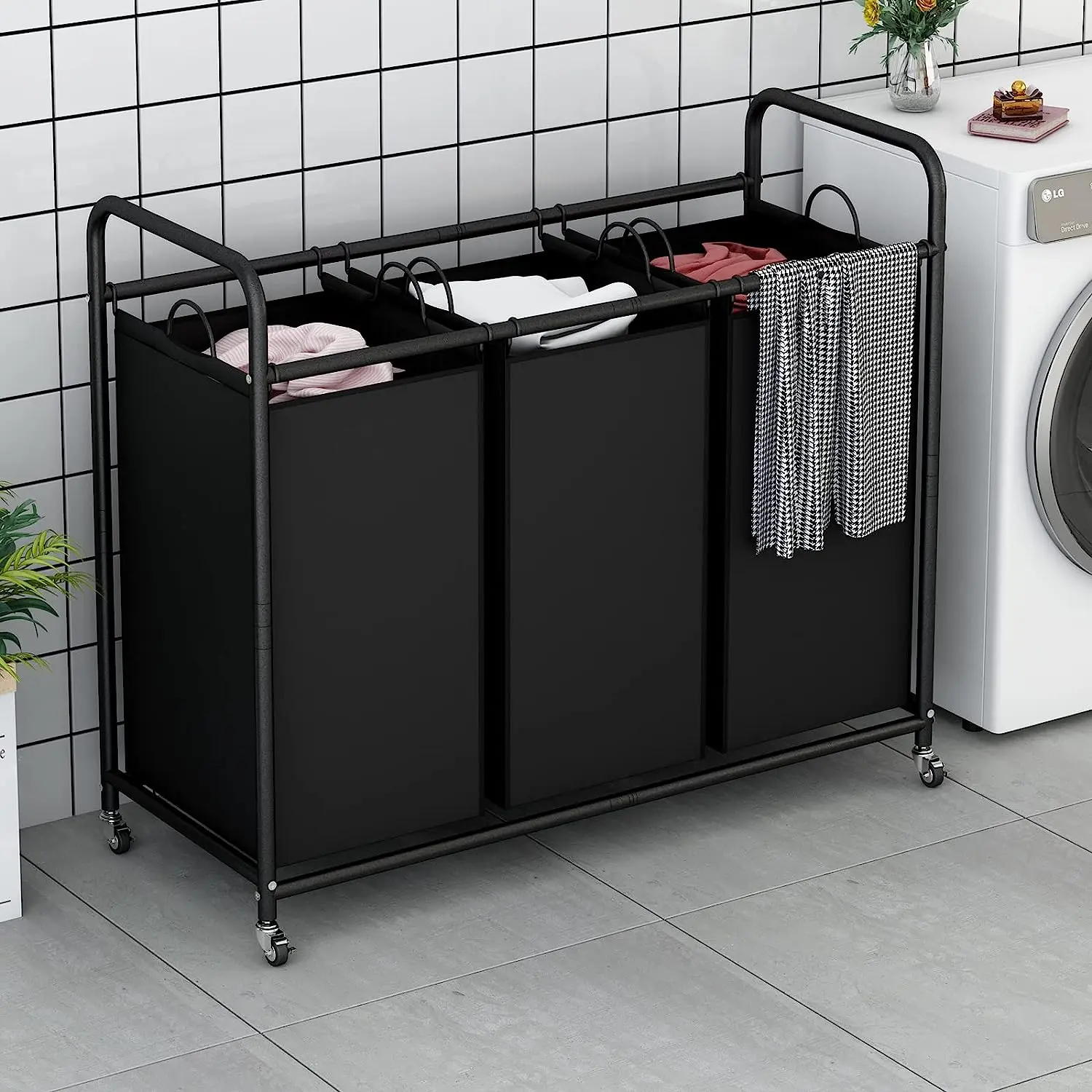 Sturdy High-Capacity 3-Bag Laundry Sorter Hamper Rolling Cart, Home  Storage Rack with Heavy-Duty Lockable Rolling Wheels and Removable Bags