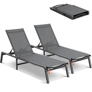 VEVOR Chaise Lounge Chairs Outdoor,  Aluminum Patio Lounge Chairs with Adjustable 5-Position, Folding Pool Lounge Chairs Recliner and Full Flat Tanning Chairs for Patio, Beach, Pool, Dark Grey, 2 pcs