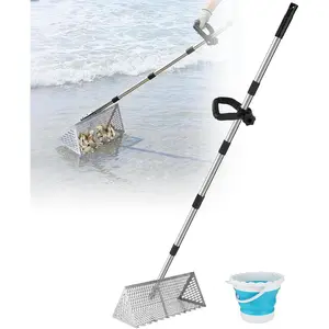 Sand Flea Rake with Bucket - Tooth Sifter with Long Handle, Metal Sand Sifter Shelling Tools for Beach