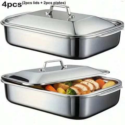 2-Pack Stainless Steel Rectangular Baking Trays, Baking Dish Set, Oven Safe & Heat Resistant Bakeware for Home Cooking, Festive Meals