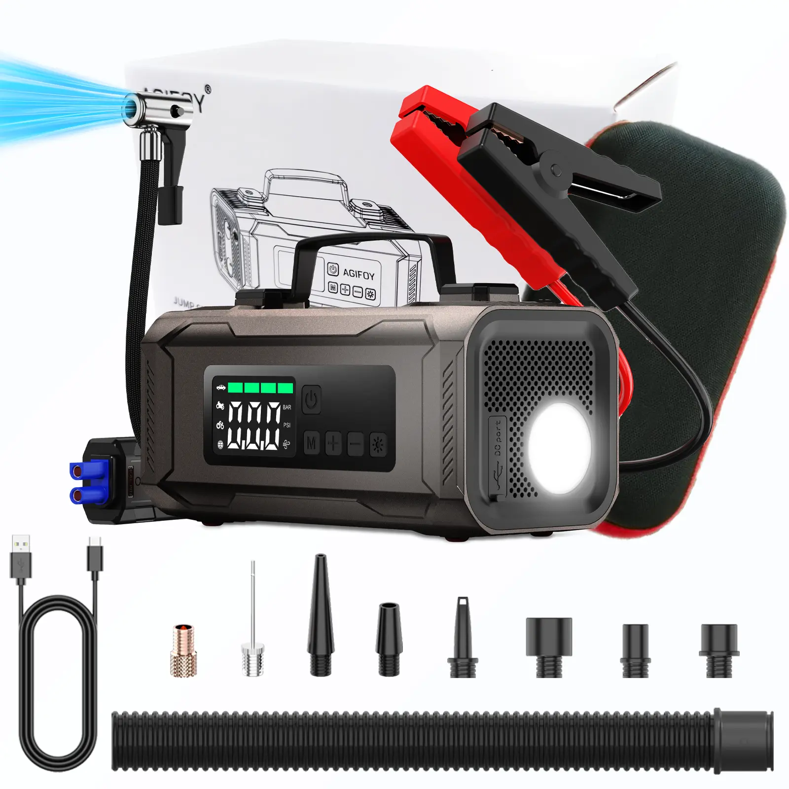 6-in-1 Jump Pack Jump Starter with Air Compressor 2500A Car Battery Booster Pack 150 PSI Portable Jump Box for All Gas & 8.0L Diesel Vehicles LED Flashlight EVA Bag Smart Jump Cables