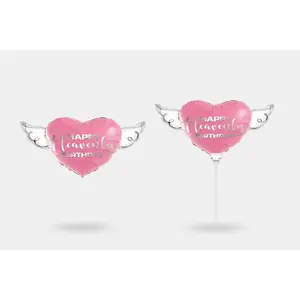 Happy Heavenly Birthday Memorial Balloon Set – Pink Silver Script 17" & 8" Balloon on a Stick Angel Wings