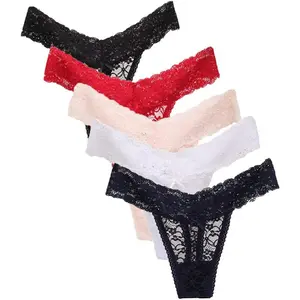 Women's 5-Pack Low-Waist Cute Lace Thong Panty Set, Cotton Underwear with Ribbon Accent, Solid Colors for Basic & Festival Wear (Black, Navy, White, Red, Light Pink)