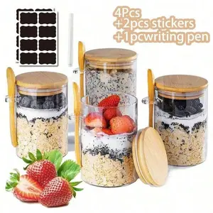 Glass Food Storage Containers Set of 4 with Lids and Spoons, Overnight Oats Jar with Spoon, Chia Pudding Salad Container, Bamboo Lid Granola Coffee Canister