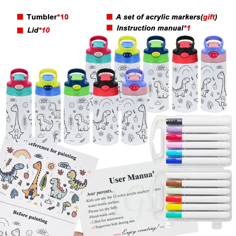 ICESIP 10-Pack 12oz Matte Surface Stainless Steel Tumblers (10 Cups) with Portable Flip Handle Lids, 5 Mixed Colors, 12-Color Acrylic Drawing & Painting Markers, Halloween Gift Box (Home & Festive Party Supplies, Individual Box)
