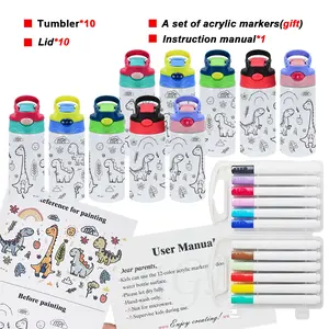 ICESIP kids birthday gift 10pcs 12OZ ‘Drawing Painting’ cups Stainless steel kids tumbler with flip handle lids mixed 5-colors, with 12-colors acrylic maker Halloween kids gift box