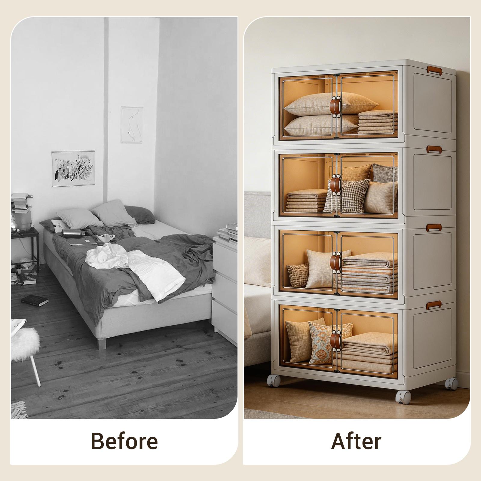 Extra Large 4 Tier 320QT Storage Bins Collapsible Stackable Door Lid Perfect Blankets Pillows Closets Living Rooms Black