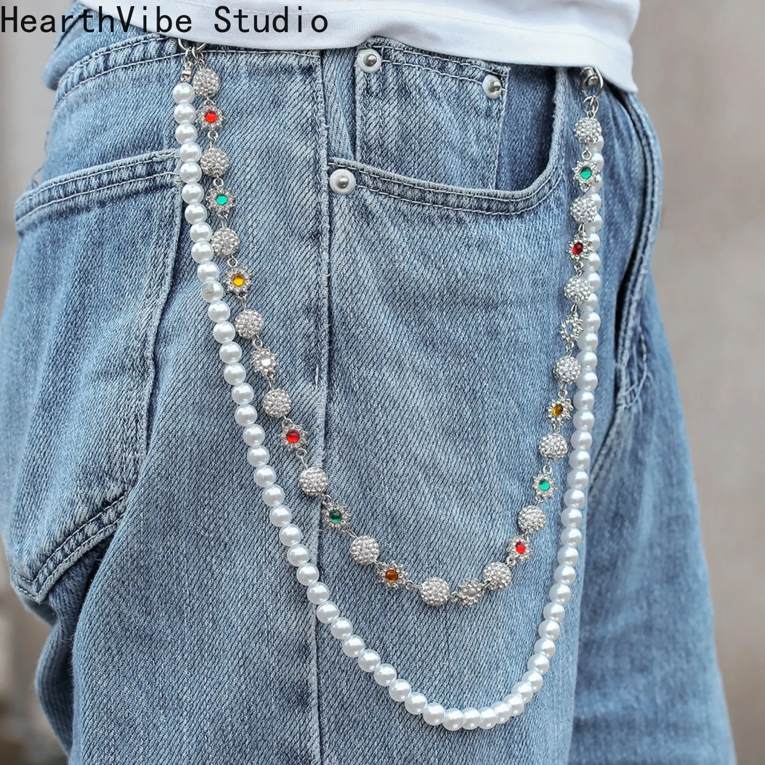 Men's Hip-Hop Bling Waist Chain - Colorful Rhinestone-Embellished Flower Pendant Men's Accessory, Funky Unique Daily Sports & Outdoor Item, Bling Chain, Men's Accessories