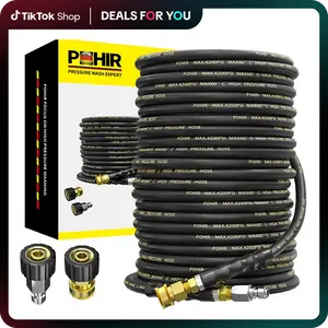 TikTokShopBlackFriday  POHIR 1/4" Pressure Washer Hose with 3/8 Inch Quick Connect, Kink Resistant High Tensile Wire Braided,with 2 pcs M22 14mm Adapters, 4200 PSI Outdoor Adjustable Nozzle Turbo Nozzle Tool Accessories