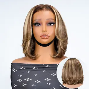 Alipearl Hair Straight Layered 5x7 Lace Closure Wig Blonde Highlight Ready to Go Gluelss Short Bob Wig Human Hair Pre Plucked