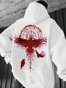 Men's Nordic Mythology, God Bird & Mystery Symbol Print, Comfortable Skin-Friendly Fabric, Casual Fitted Hooded Sweatshirt, Casual Fashion Sweatshirt, Graphic Print Hoodie