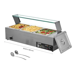 VEVOR Commercial Food Warmer, 1500W Electric Stainless Steel Steam Food Warmer with Glass Cover, 3-Pan Countertop Buffet Bain Marie with Soup & Perforated Ladles, for Catering, Restaurant & Party