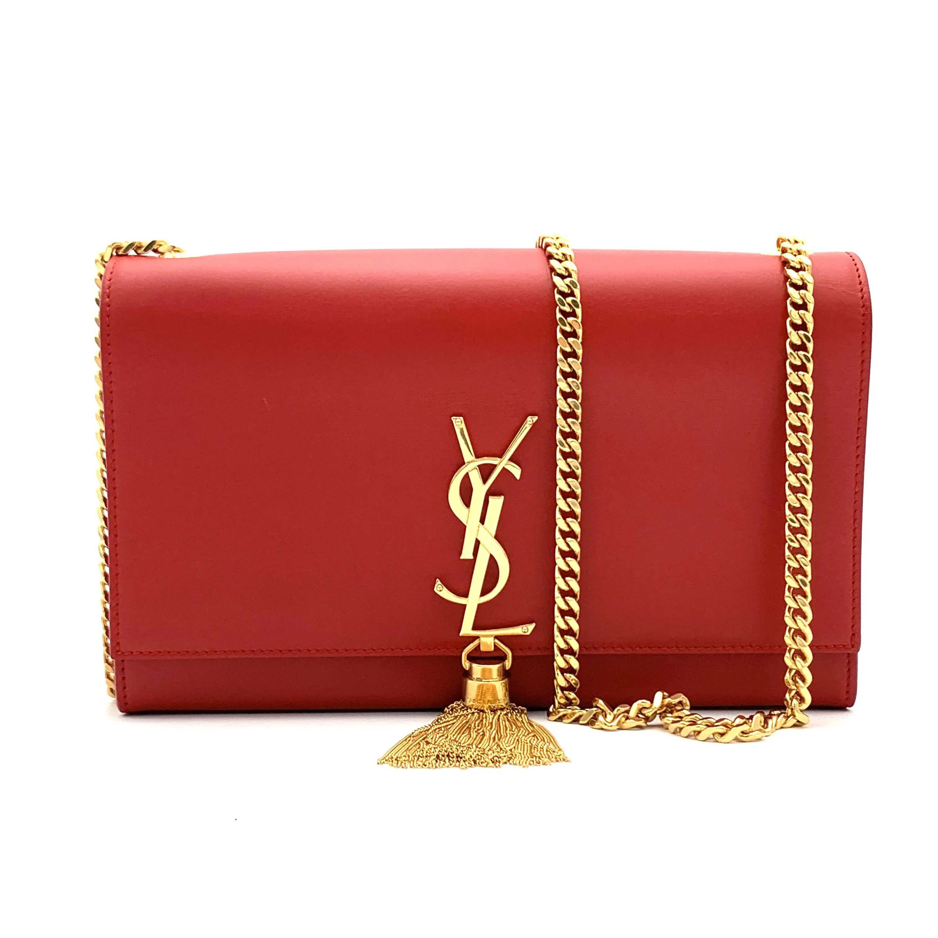 Pre-owned Yves Saint Laurent Smooth Leather Shoulder Bag Classic Monogram Tassel Red #4092